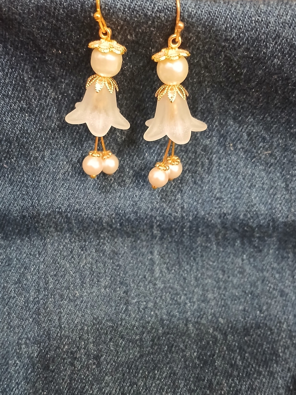 Gold Floral Drop Earrings with Cream & Pink Pearls - Picture 2 of 6